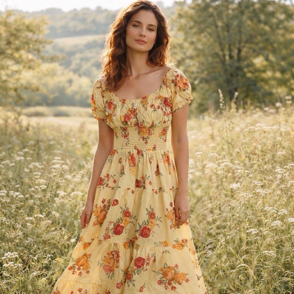 Danielle‎ Bernstein Yellow Floral Smocked  Tiered Midi Dress Medium Coquette